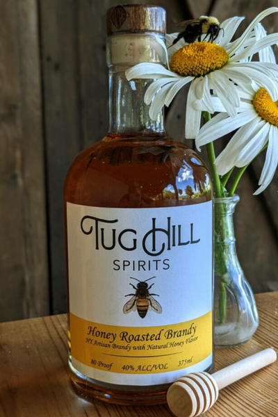 Honey Roasted Brandy - Tug Hill Estates bee daisies brandy bottle liquor bottle flower vase